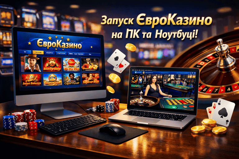 Запуск сайту Eurocasino на комп’ютері або ноутбуці для зручного використання гральної платформи, бонусів і функцій акаунта на великому екрані
