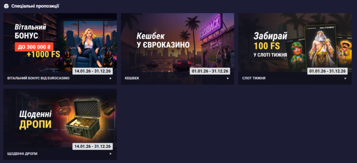 Сторінка бонусів та акцій на сайті Eurocasino з актуальними пропозиціями, умовами участі та промо для нових і активних користувачів